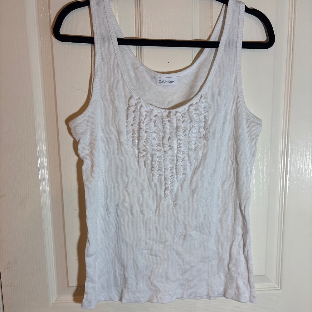 Calvin Klein White Ruffled Tank Top
